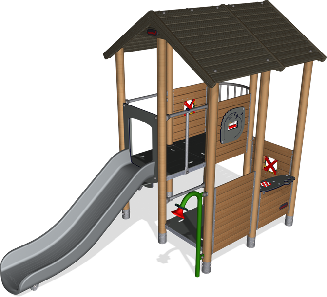 MULTI DECK PLAYHOUSE WITH ROOF, WOOD POSTS, PLASTIC SLIDE