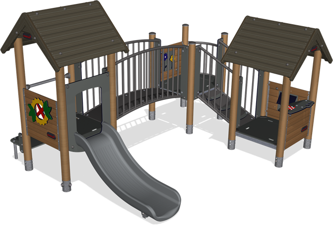 TRIPLE PLAY TOWER WITH BRIDGE, WOOD POSTS, PLASTIC SLIDE